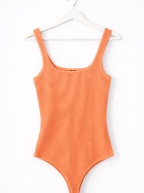 Debut Ribbed Peach Orange Bodysuit M/L Scoop Neck Stretchy Fitted